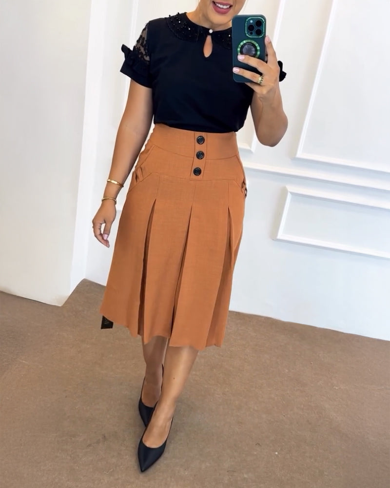 Casual Button Ruched Mid Calf Skirt