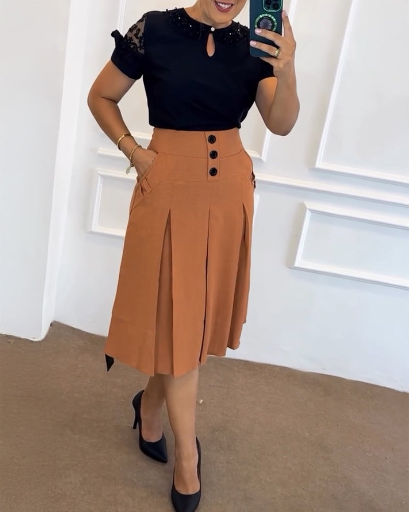 Casual Button Ruched Mid Calf Skirt