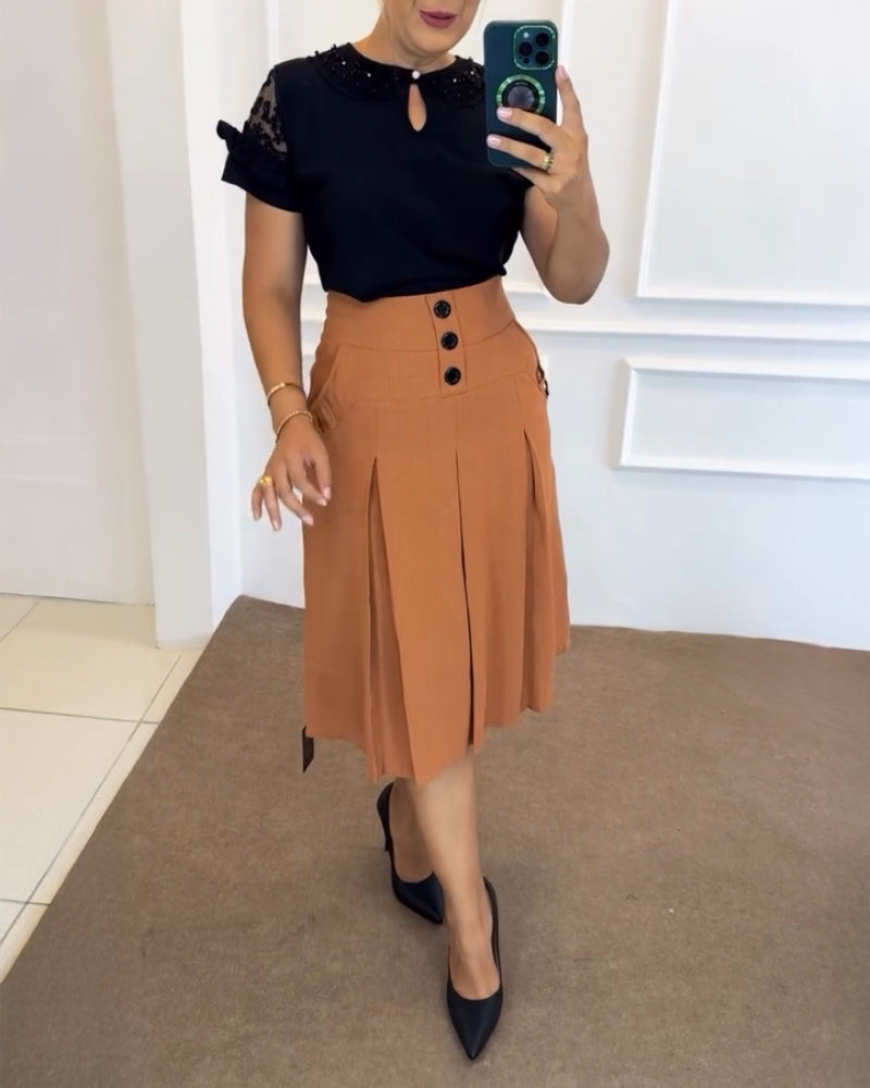 Casual Button Ruched Mid Calf Skirt