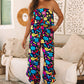 Red Mix Tropical Print Strapless Ruffled Jumpsuit