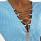 Plunge V Neck Criss Cross Chain Decor Top Casual Short Sleeve Ribbed T Shirt
