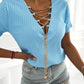 Plunge V Neck Criss Cross Chain Decor Top Casual Short Sleeve Ribbed T Shirt