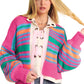 Rose Stripe Colorful Puff Sleeve Drop Shoulder Loose Cardigan