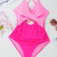 Rose Red Ric Rac Trim Contrasted Patchwork Cutout One Piece Swimsuit