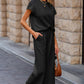 Black Solid Color Textured Short Sleeve Top and Casual Pants Set
