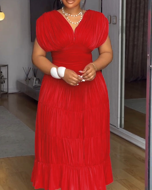 Textured V Neck Sleeveless Ruched Ruffles Hem Dress Casual Waist A Line Party Midi Dress