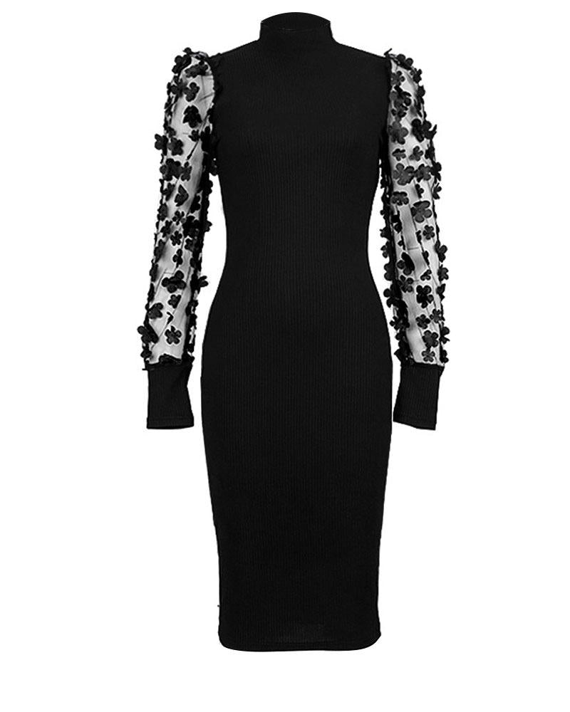 Contrast Mesh Puff Sleeve Ribbed Midi Dress