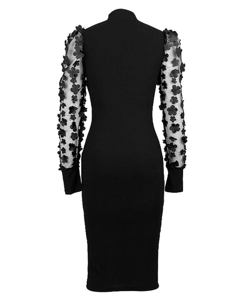 Contrast Mesh Puff Sleeve Ribbed Midi Dress