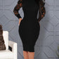 Contrast Mesh Puff Sleeve Ribbed Midi Dress
