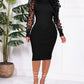 Contrast Mesh Puff Sleeve Ribbed Midi Dress
