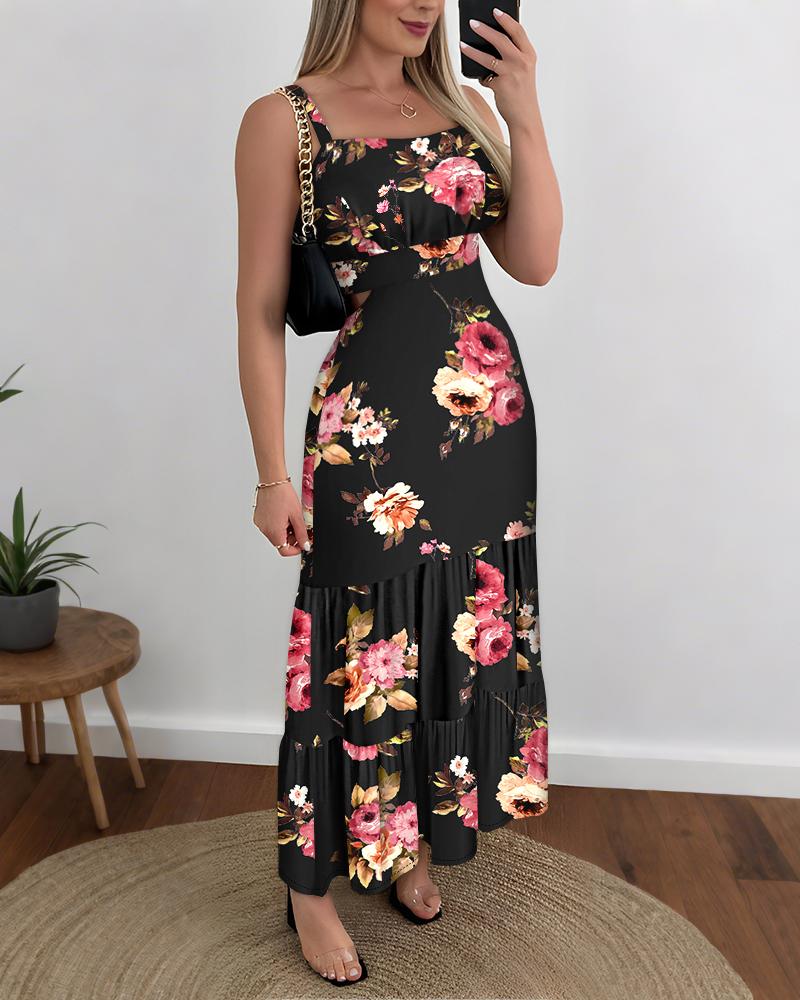 Floral Print Spaghetti Strap Waist Hollow Out Maxi Dress Casual Ruched Ruffle Hem Dress