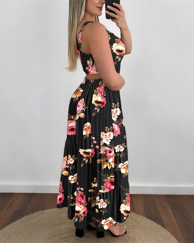 Floral Print Spaghetti Strap Waist Hollow Out Maxi Dress Casual Ruched Ruffle Hem Dress