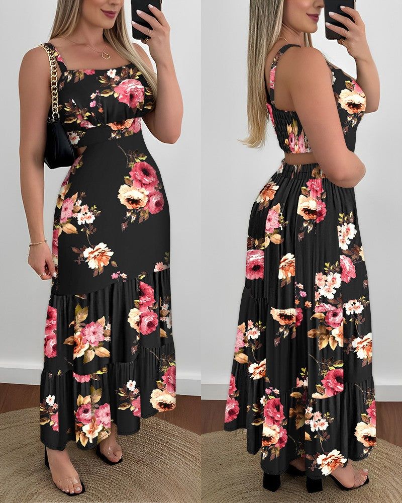 Floral Print Spaghetti Strap Waist Hollow Out Maxi Dress Casual Ruched Ruffle Hem Dress