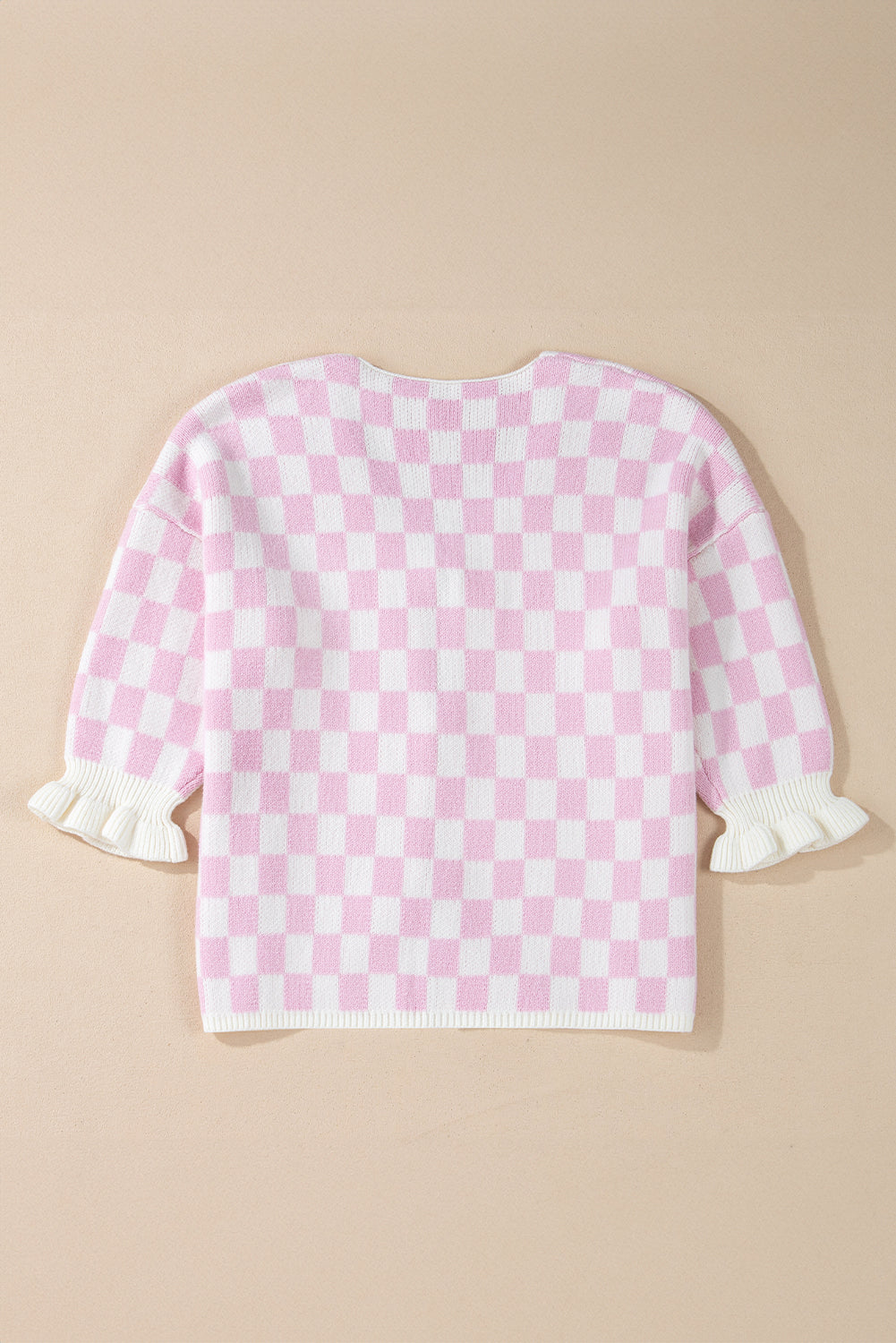 Light Pink Checkered Knitted Lace-up Ruffled 3/4 Sleeve Cardigan