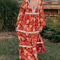 Orange Floral Print Lace Trim Patched V Neck Maxi Dress