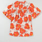 Orange Floral Bubble Sleeve Frill Neck Loose Blouse