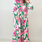 Pink Boho Floral Printed Long Sleeve Buttoned Loose Maxi Dress
