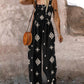 Embroidery Patchwork Thick Strap Square Neck Shirred Jumpsuit Wide Leg Vacation Overalls with Pockets