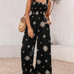 Embroidery Patchwork Thick Strap Square Neck Shirred Jumpsuit Wide Leg Vacation Overalls with Pockets