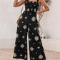 Embroidery Patchwork Thick Strap Square Neck Shirred Jumpsuit Wide Leg Vacation Overalls with Pockets