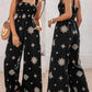 Embroidery Patchwork Thick Strap Square Neck Shirred Jumpsuit Wide Leg Vacation Overalls with Pockets