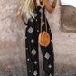 Embroidery Patchwork Thick Strap Square Neck Shirred Jumpsuit Wide Leg Vacation Overalls with Pockets