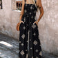 Embroidery Patchwork Thick Strap Square Neck Shirred Jumpsuit Wide Leg Vacation Overalls with Pockets