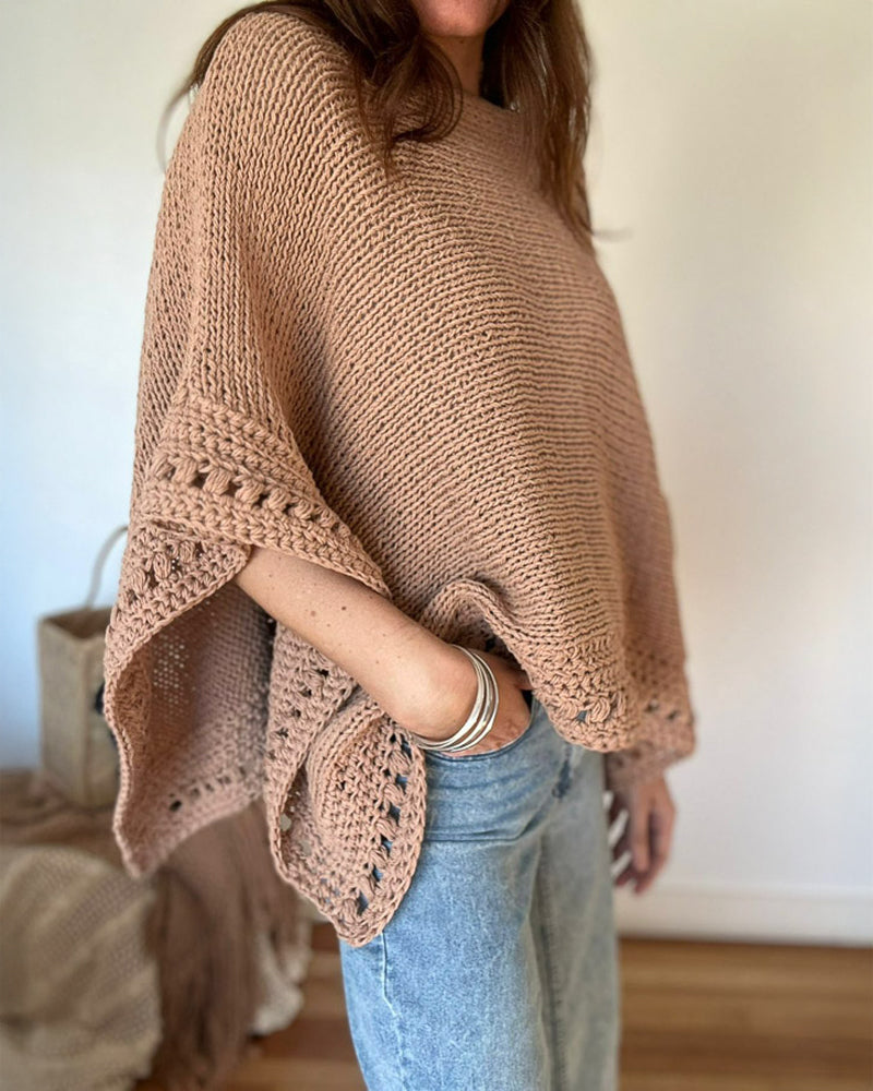 Solid Three Quarters Batwing Sleeve Hollow out Pattern Edges Casual Knit Top