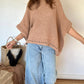 Solid Three Quarters Batwing Sleeve Hollow out Pattern Edges Casual Knit Top