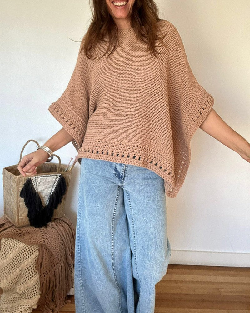 Solid Three Quarters Batwing Sleeve Hollow out Pattern Edges Casual Knit Top