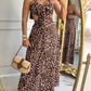 Leopard Print V Neck Spaghetti Strap Tied Detail Jumpsuit Casual Hollow Out Slit Dress Romper