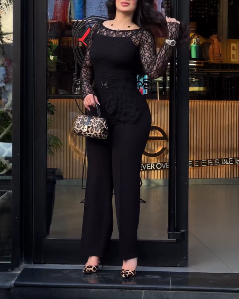 Long Sleeve Cinched Waist Asymmetrical Hem Textured Sheer Lace Top