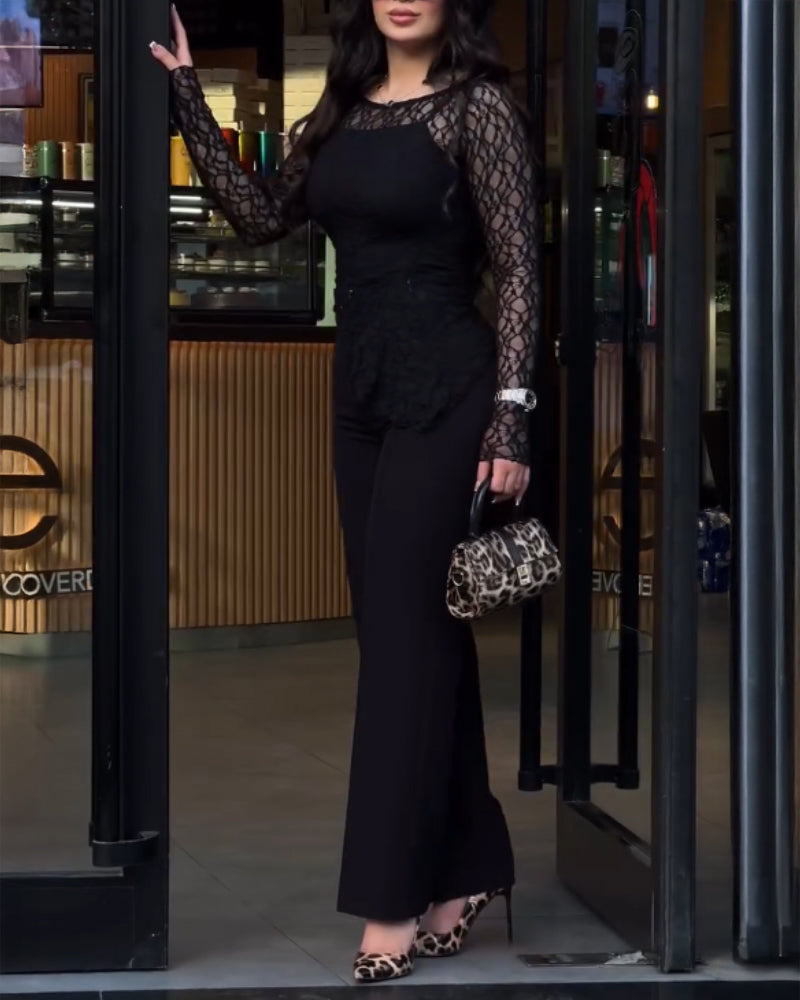 Long Sleeve Cinched Waist Asymmetrical Hem Textured Sheer Lace Top