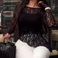 Long Sleeve Cinched Waist Asymmetrical Hem Textured Sheer Lace Top