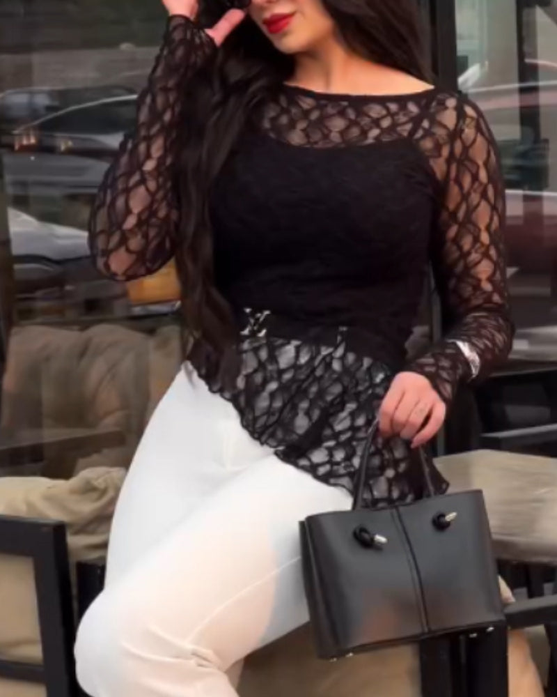Long Sleeve Cinched Waist Asymmetrical Hem Textured Sheer Lace Top