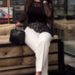 Long Sleeve Cinched Waist Asymmetrical Hem Textured Sheer Lace Top