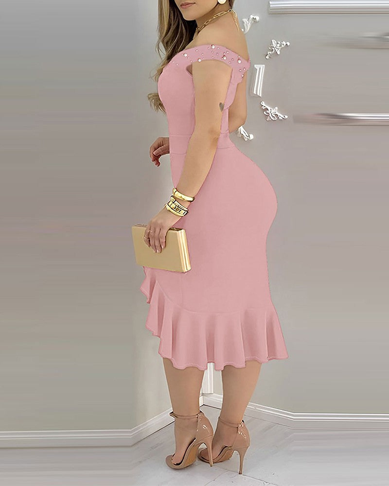 Beaded Off Shoulder Ruffles Slit Party Dress