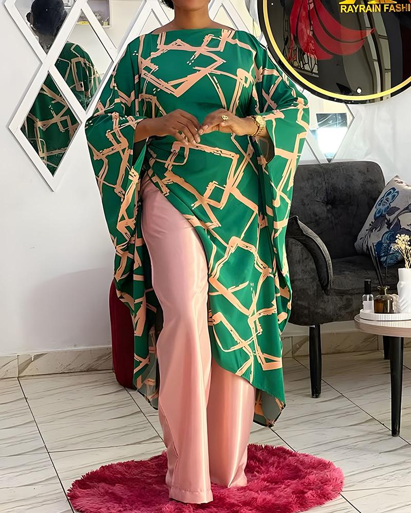 Geometric Print Boat Neck Batwing Sleeve Asymmetrical Slit Dress