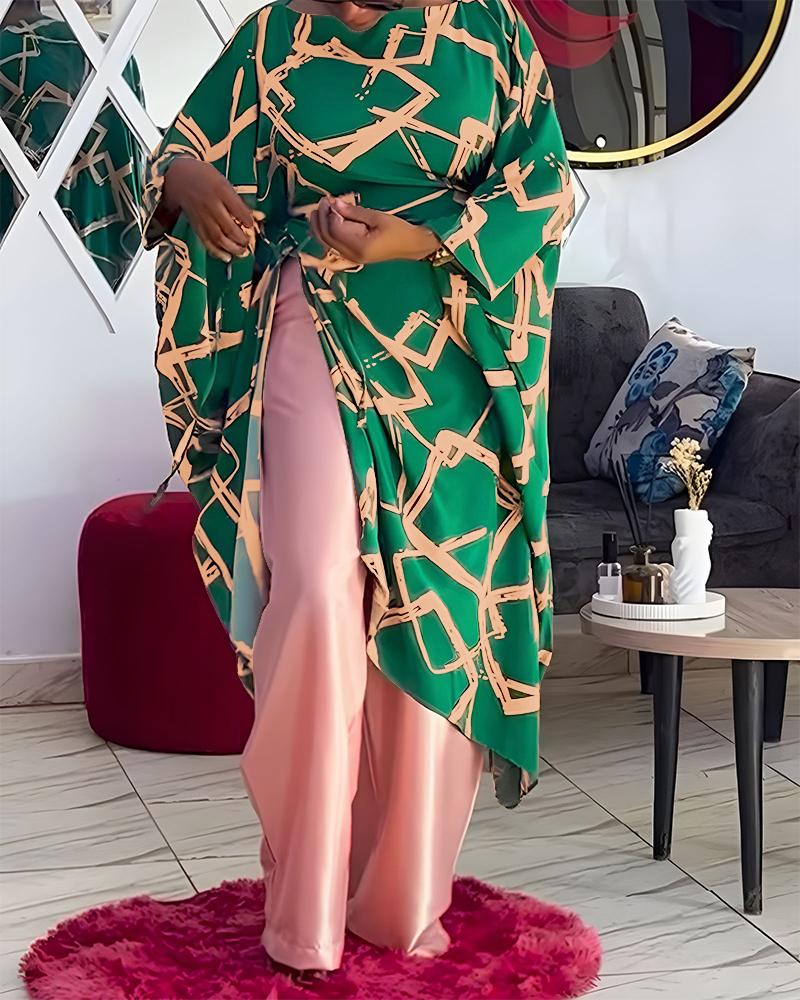 Geometric Print Boat Neck Batwing Sleeve Asymmetrical Slit Dress