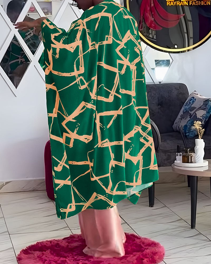 Geometric Print Boat Neck Batwing Sleeve Asymmetrical Slit Dress