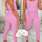2 Piece U Neck Spaghetti Strap Top O Ring Belt Long Pants Ribbed Pants Set