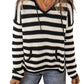 White Stripe V Neck Pocketed Drawstring Hooded Sweater