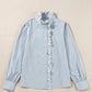 Sky Blue Stripe Frilled Trim Button Up Long Sleeve Shirt