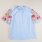 Light Blue Gingham Floral Embroidered Puff Sleeve Blouse
