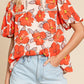 Orange Floral Bubble Sleeve Frill Neck Loose Blouse