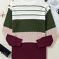 Green Color Block Striped Buttoned Shoulder Split Sweater