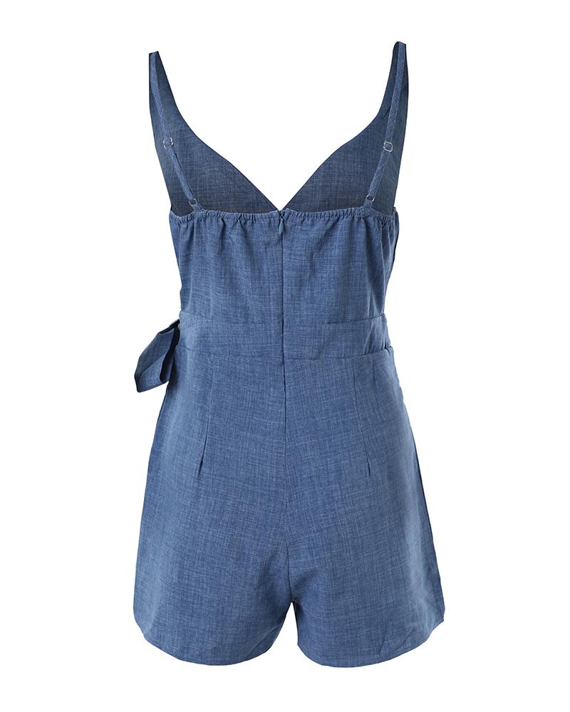 Denim Look Print Sleeveless Tied Detail Romper