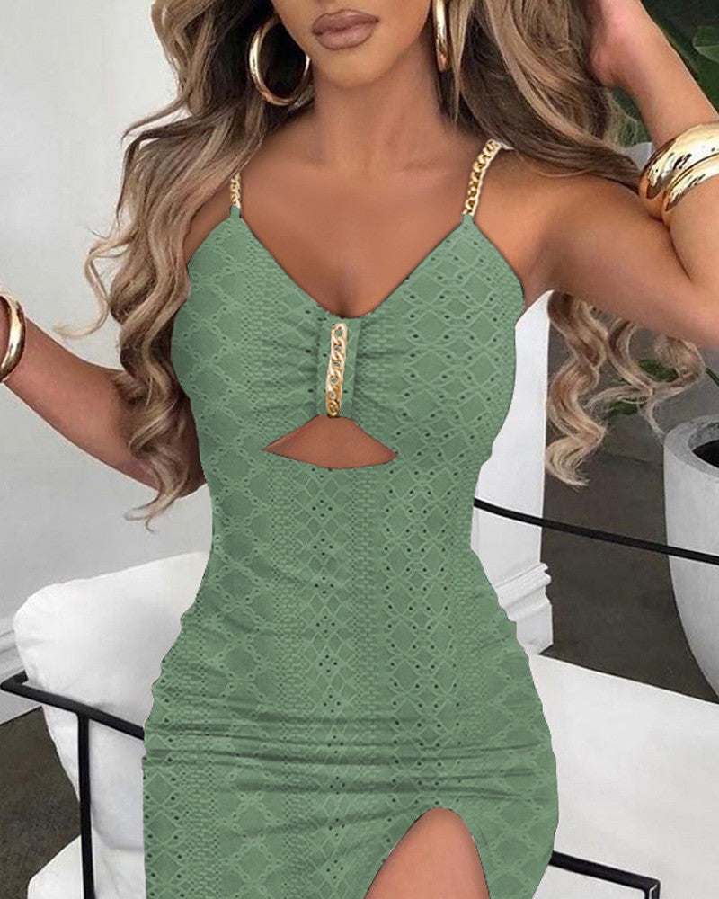 Eyelet Embroidery Chain Strap High Dress