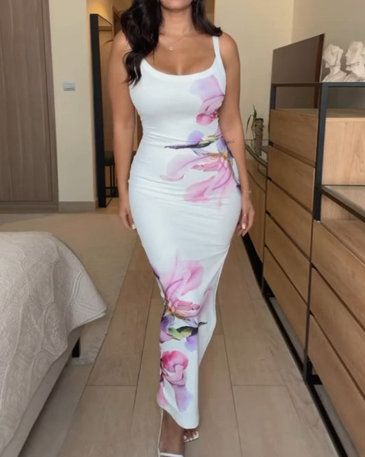 Floral Print U Neck Spaghetti Strap Side Slit Vacation Dress Slim Fit Ribbed Cami Dress