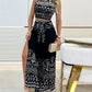 2 Pieces Outfits Tribal Print Keyhole Neck Sleeveless Top and Wide Leg Tied Detail Slit Pants Sets